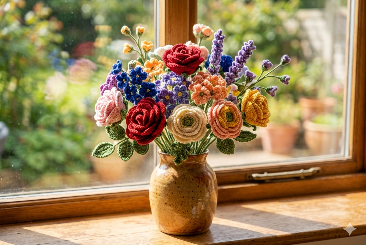Hand-crocheted flower bouquet in detail