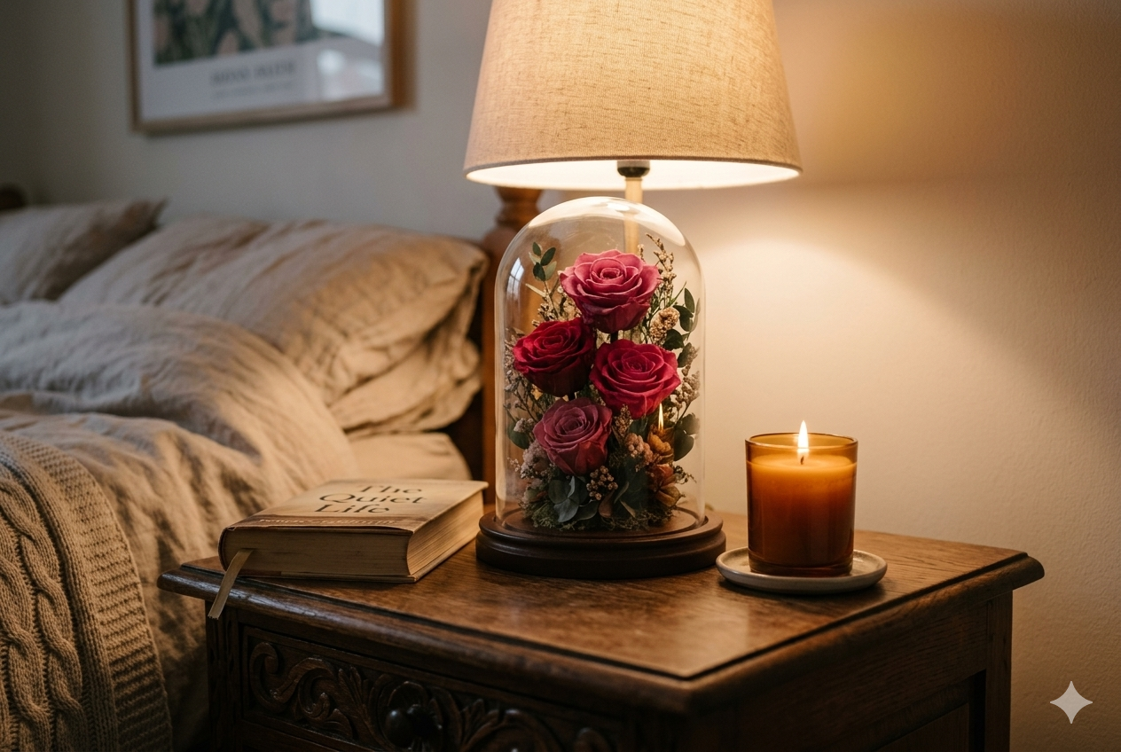 Preserved flower arrangement displayed in soft lighting