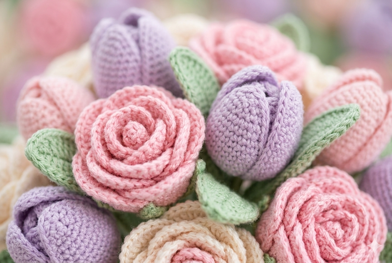 Close-up detail of handmade crochet flower petals