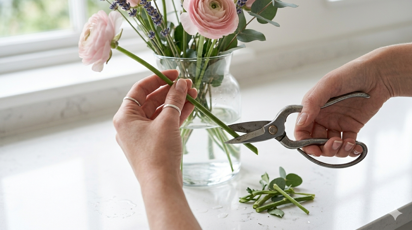 Hands trimming fresh flower stems with floral scissors