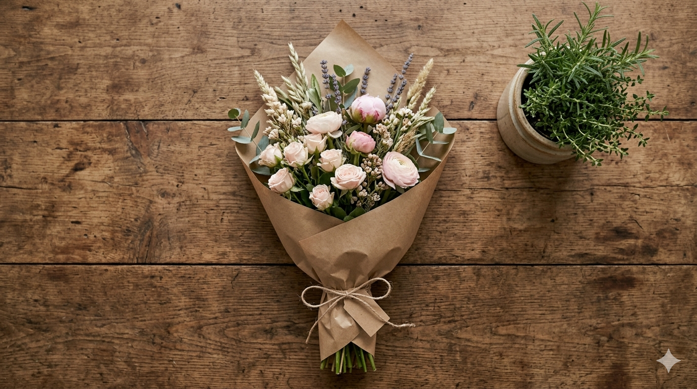 Seasonal wildflowers wrapped in eco-friendly kraft paper