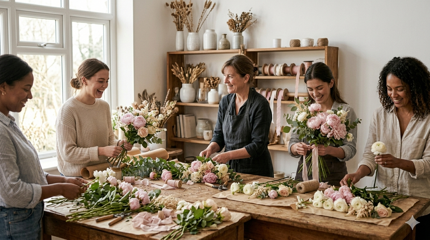 Flower arranging workshop in Leeds — participants creating bouquets at a table