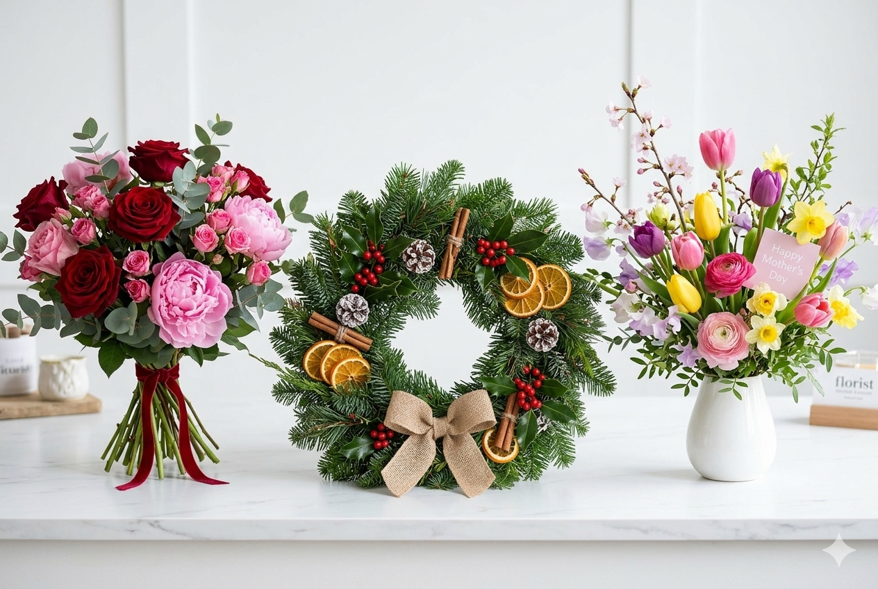 Seasonal bouquets — Valentine's Day, Mother's Day, and wedding flower pre-orders