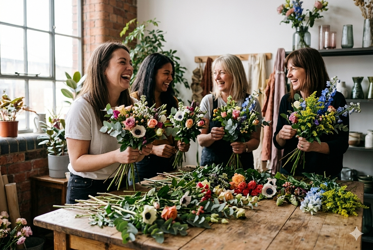 Flower arranging workshop in Leeds — participants creating their own bouquets