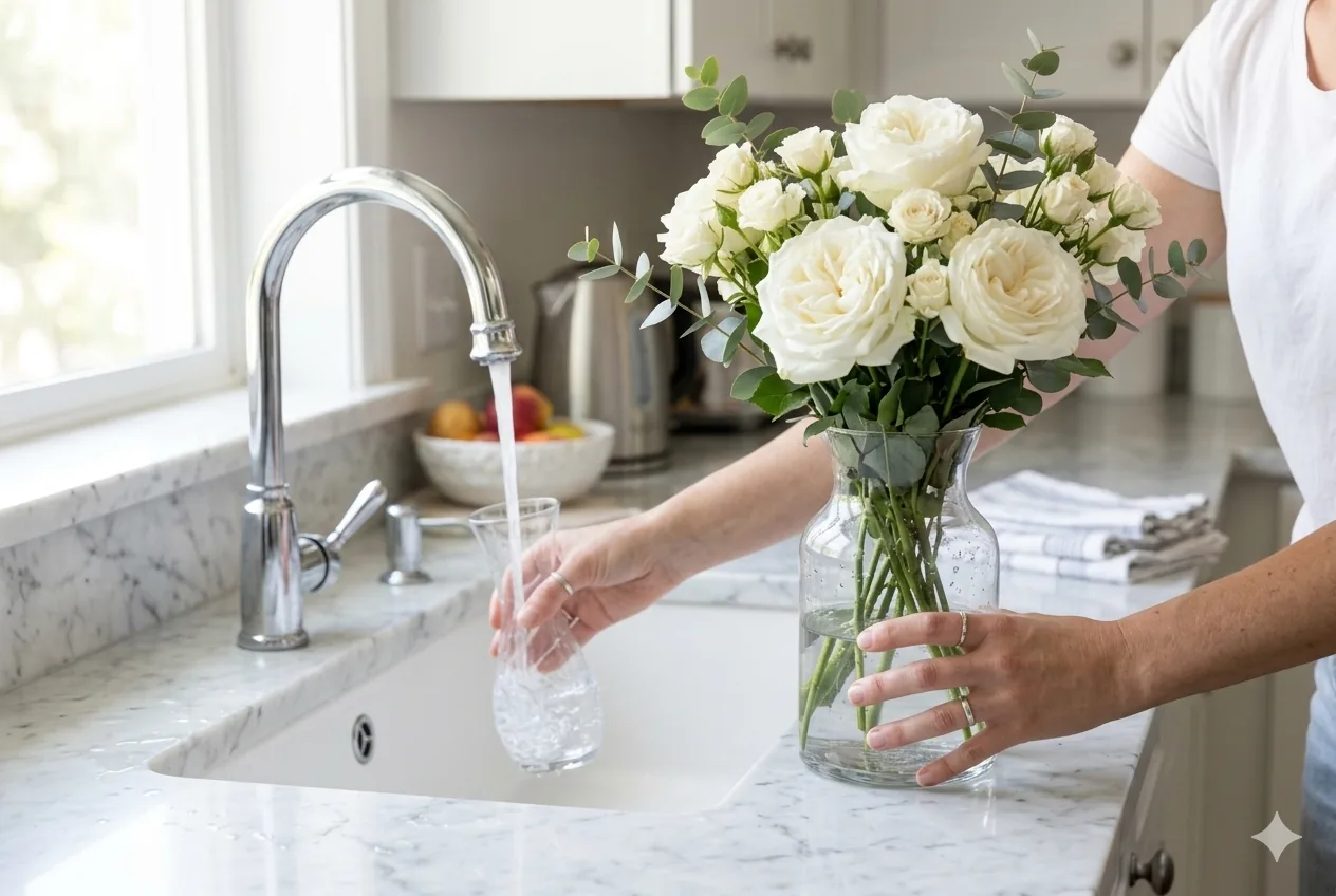 Caring for a fresh flower bouquet — trimming stems before the vase