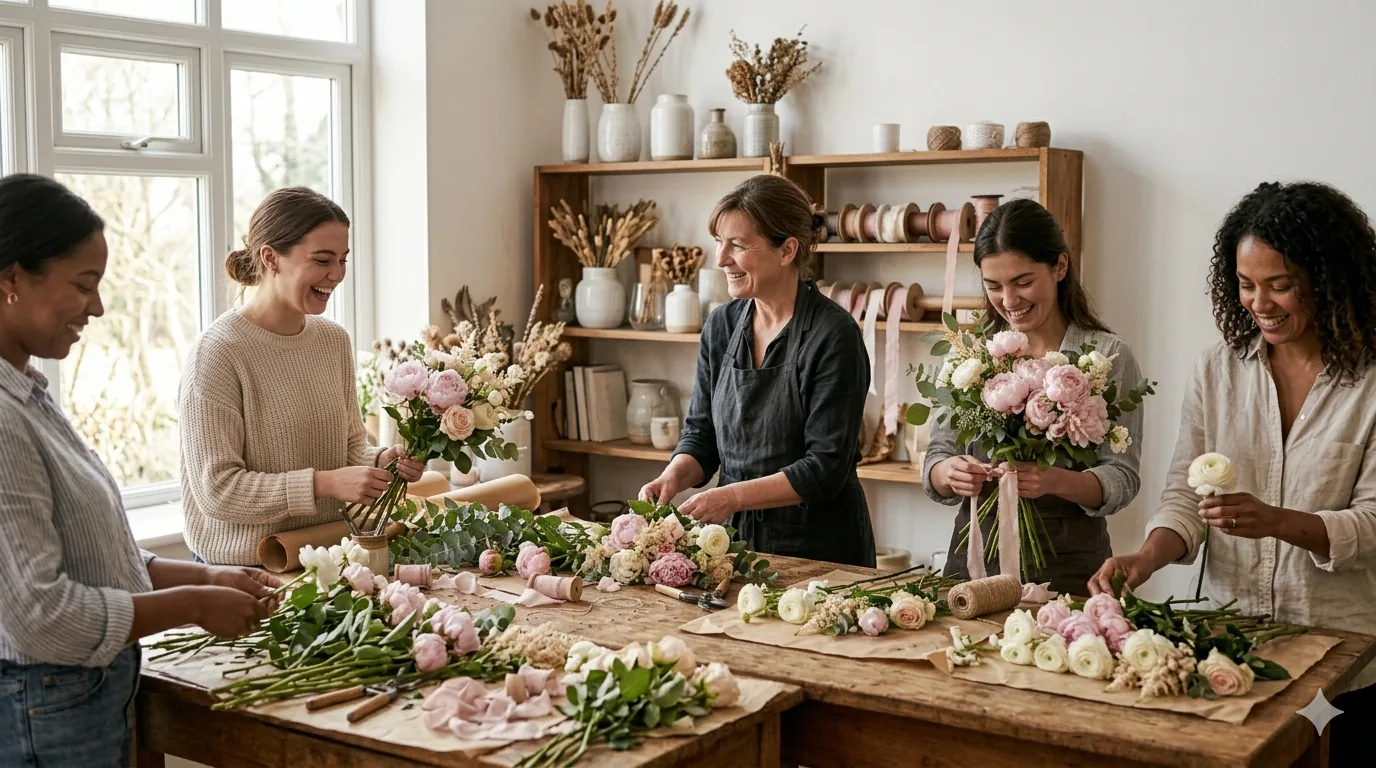 Flower arranging workshop in Leeds — participants creating bouquets at a table