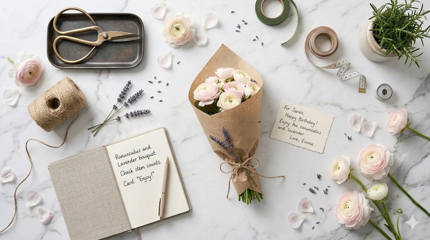 Florist workspace with scissors, ribbon, and a finished bouquet
